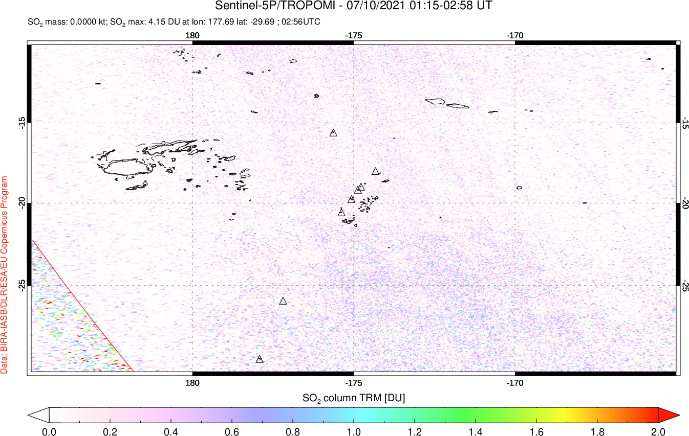 A sulfur dioxide image over Tonga, South Pacific on Jul 10, 2021.