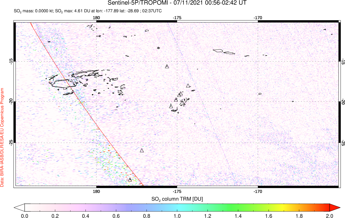 A sulfur dioxide image over Tonga, South Pacific on Jul 11, 2021.
