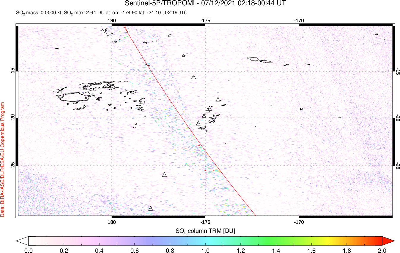 A sulfur dioxide image over Tonga, South Pacific on Jul 12, 2021.
