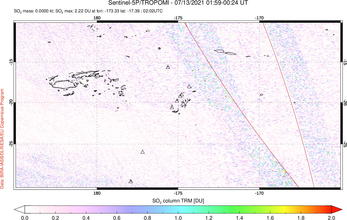 A sulfur dioxide image over Tonga, South Pacific on Jul 13, 2021.