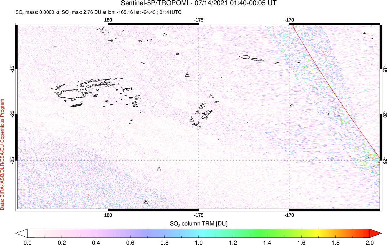 A sulfur dioxide image over Tonga, South Pacific on Jul 14, 2021.