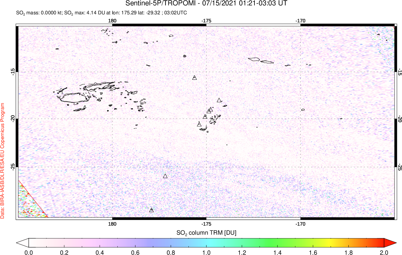 A sulfur dioxide image over Tonga, South Pacific on Jul 15, 2021.