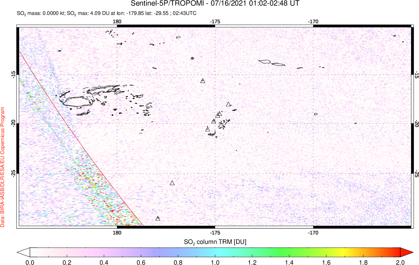 A sulfur dioxide image over Tonga, South Pacific on Jul 16, 2021.