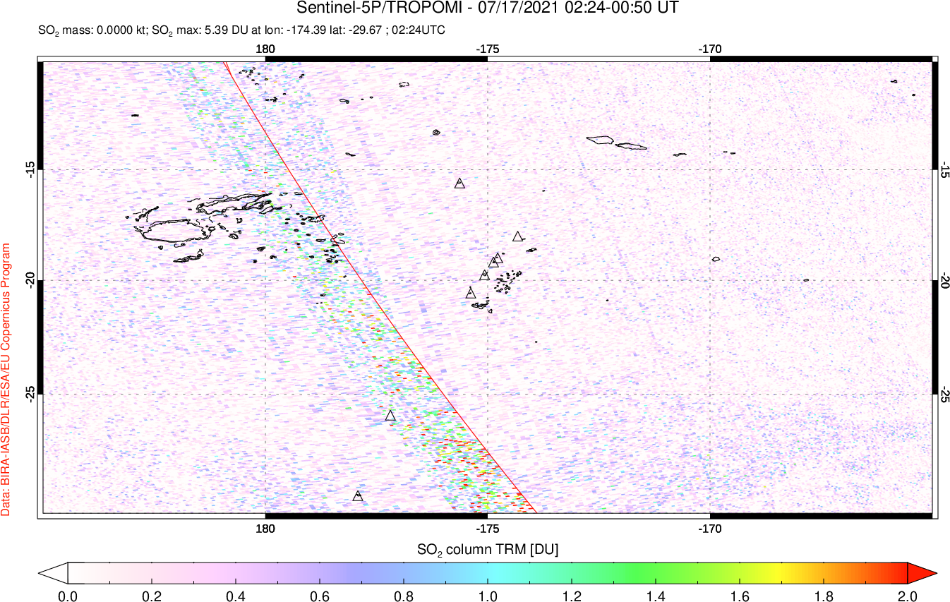 A sulfur dioxide image over Tonga, South Pacific on Jul 17, 2021.