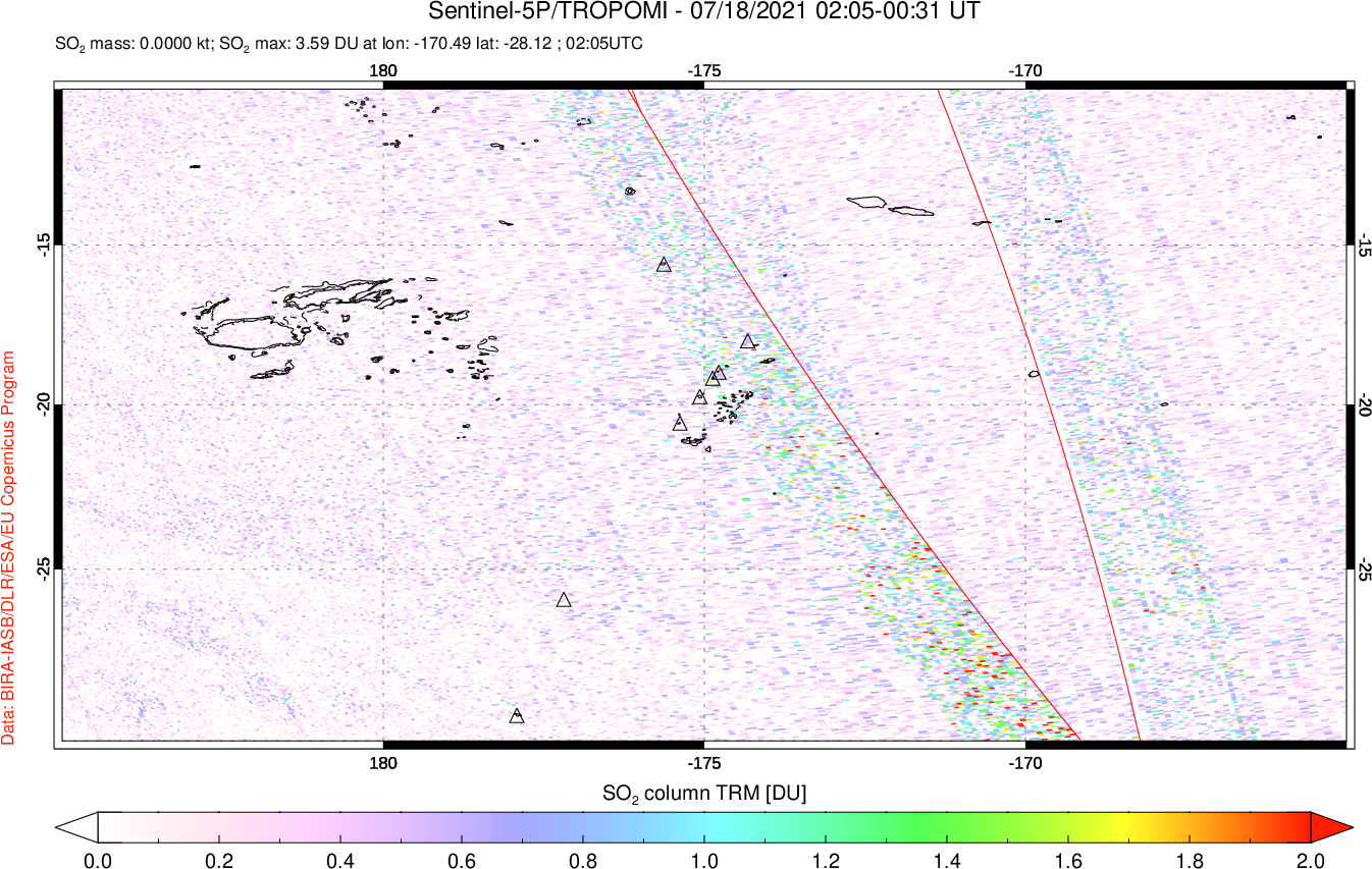 A sulfur dioxide image over Tonga, South Pacific on Jul 18, 2021.