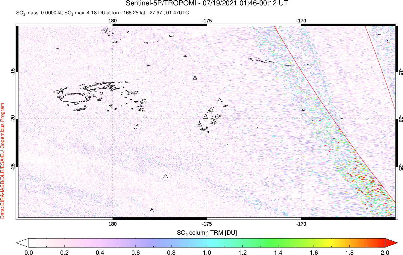 A sulfur dioxide image over Tonga, South Pacific on Jul 19, 2021.