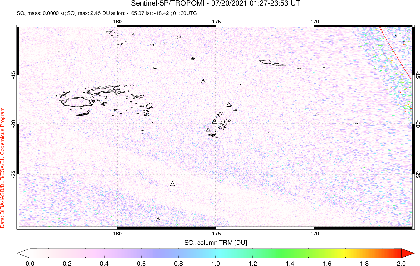 A sulfur dioxide image over Tonga, South Pacific on Jul 20, 2021.