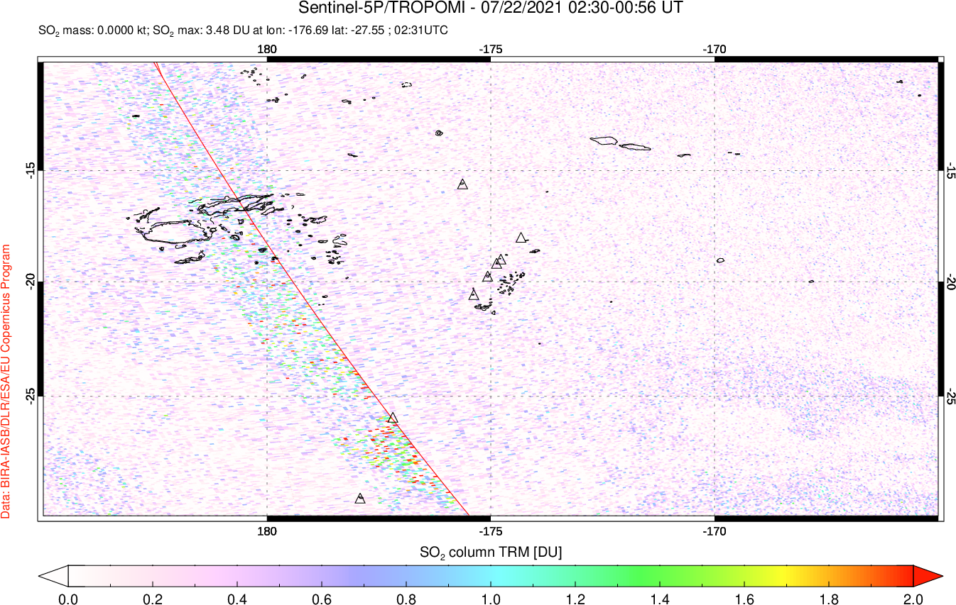A sulfur dioxide image over Tonga, South Pacific on Jul 22, 2021.