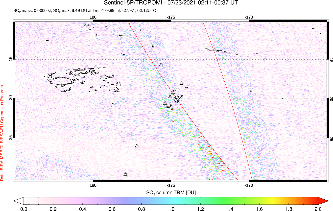 A sulfur dioxide image over Tonga, South Pacific on Jul 23, 2021.