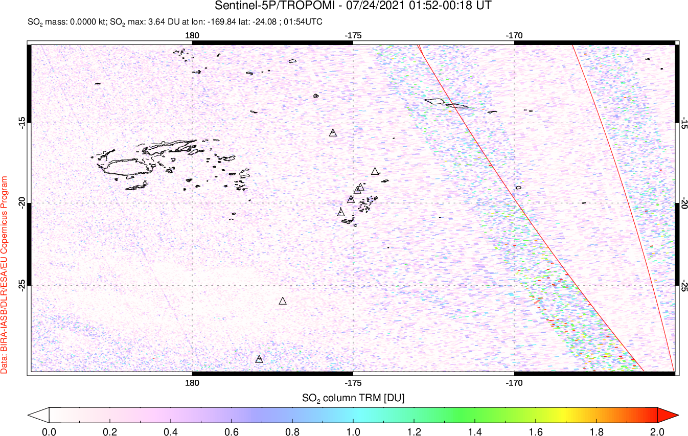 A sulfur dioxide image over Tonga, South Pacific on Jul 24, 2021.