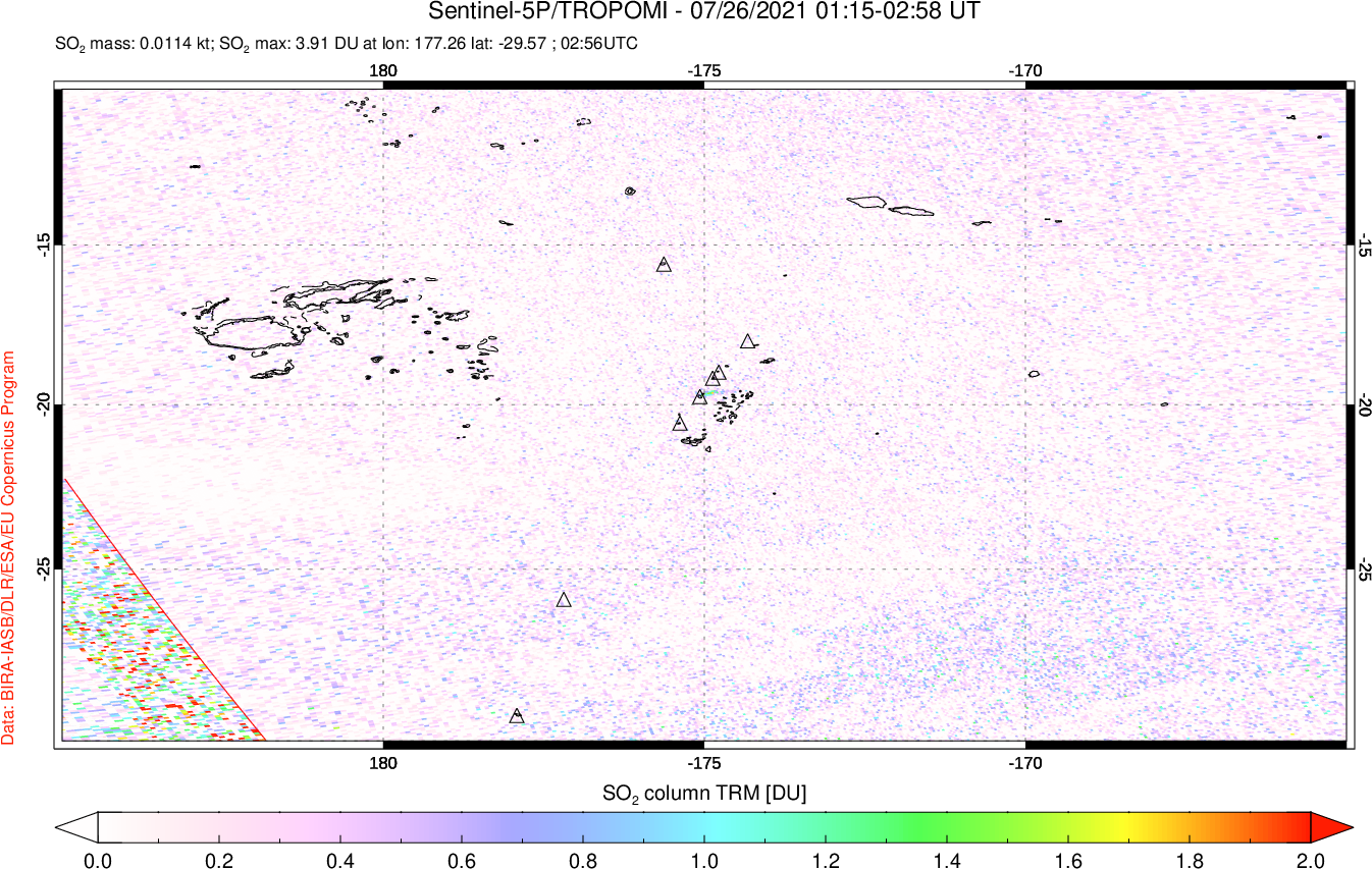 A sulfur dioxide image over Tonga, South Pacific on Jul 26, 2021.