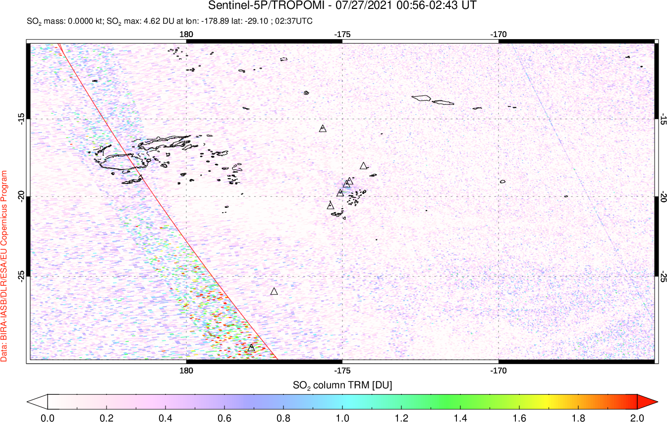 A sulfur dioxide image over Tonga, South Pacific on Jul 27, 2021.