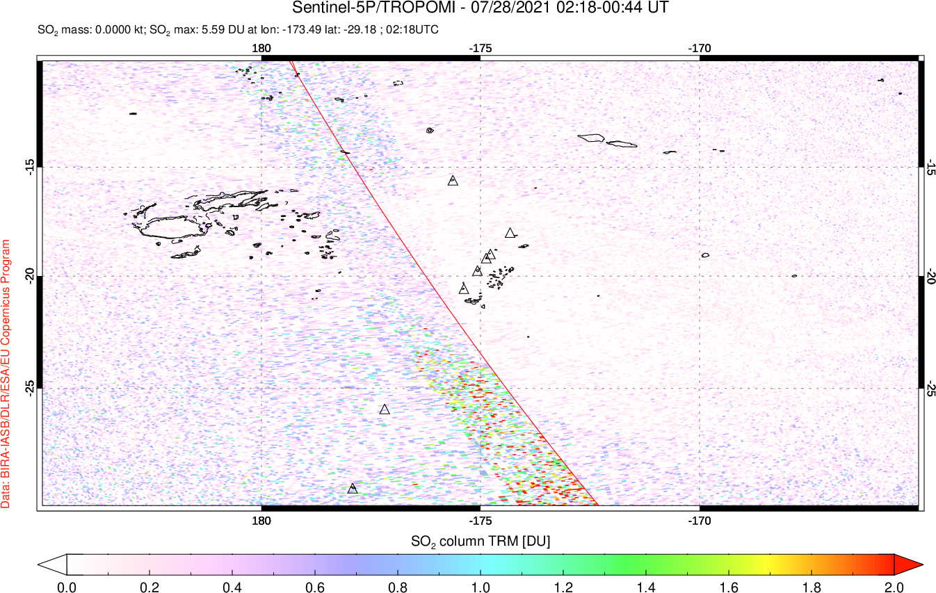 A sulfur dioxide image over Tonga, South Pacific on Jul 28, 2021.