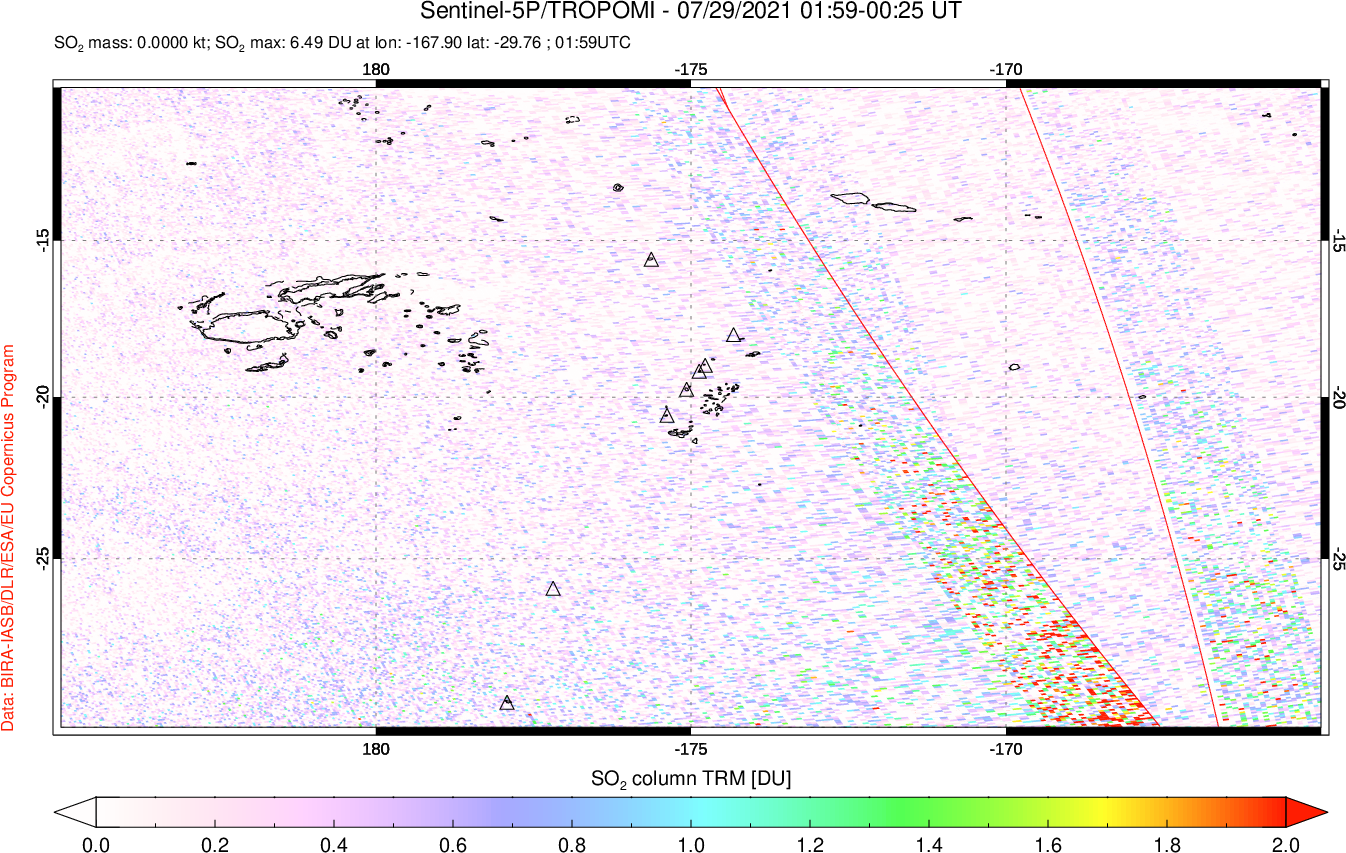 A sulfur dioxide image over Tonga, South Pacific on Jul 29, 2021.