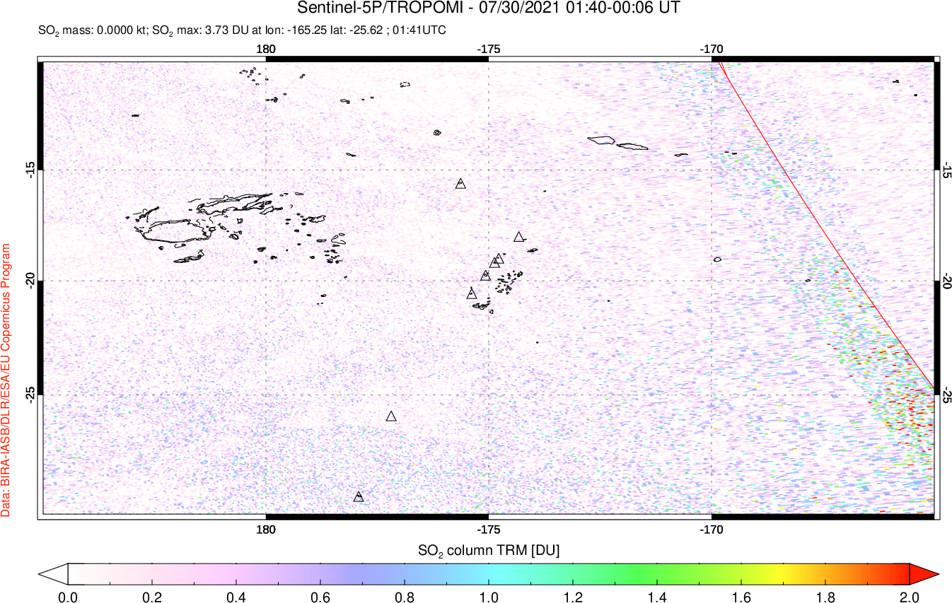 A sulfur dioxide image over Tonga, South Pacific on Jul 30, 2021.