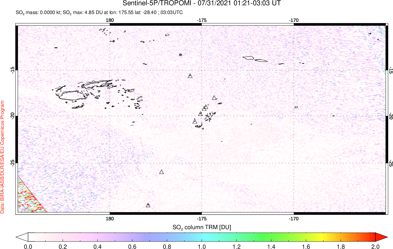 A sulfur dioxide image over Tonga, South Pacific on Jul 31, 2021.