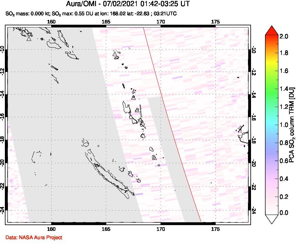 A sulfur dioxide image over Vanuatu, South Pacific on Jul 02, 2021.
