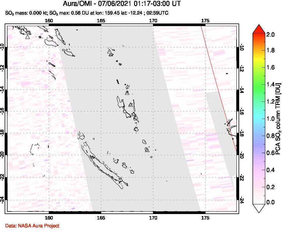 A sulfur dioxide image over Vanuatu, South Pacific on Jul 06, 2021.