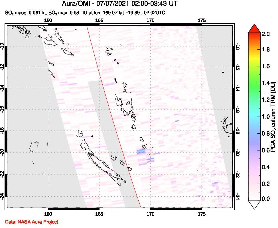A sulfur dioxide image over Vanuatu, South Pacific on Jul 07, 2021.