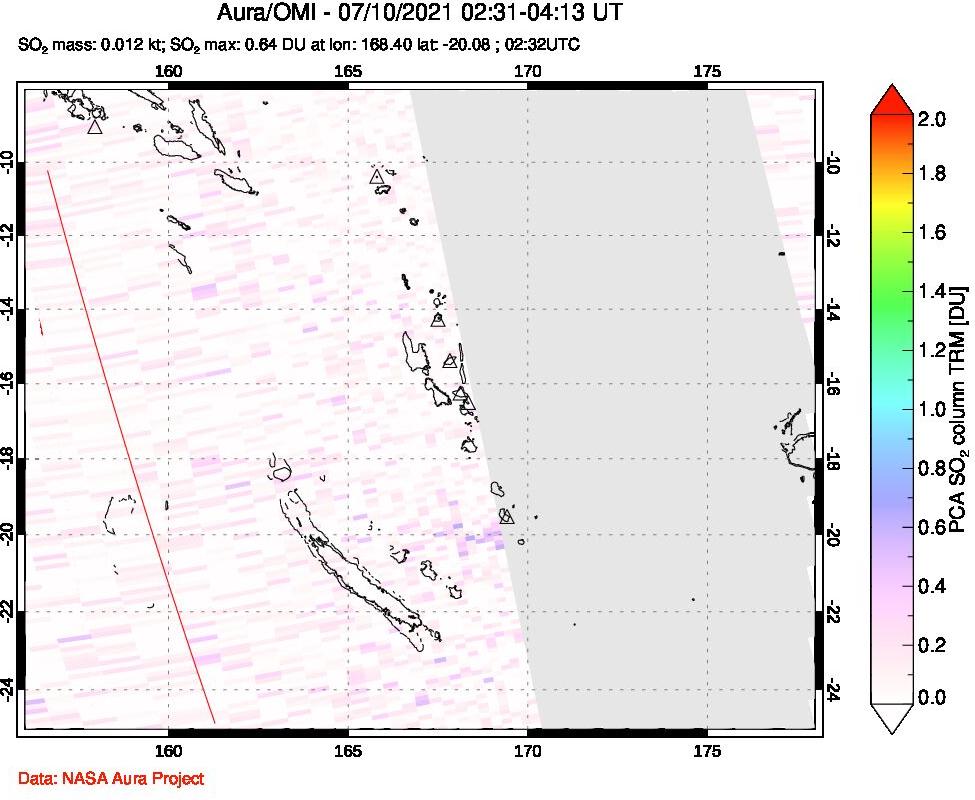 A sulfur dioxide image over Vanuatu, South Pacific on Jul 10, 2021.
