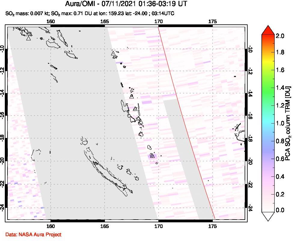 A sulfur dioxide image over Vanuatu, South Pacific on Jul 11, 2021.