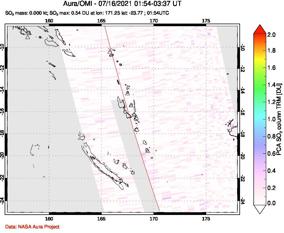 A sulfur dioxide image over Vanuatu, South Pacific on Jul 16, 2021.