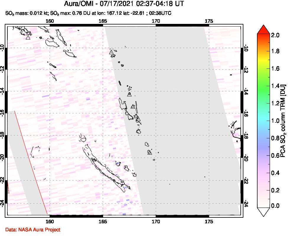 A sulfur dioxide image over Vanuatu, South Pacific on Jul 17, 2021.