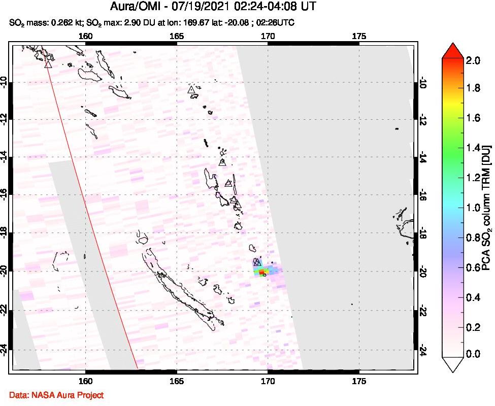 A sulfur dioxide image over Vanuatu, South Pacific on Jul 19, 2021.