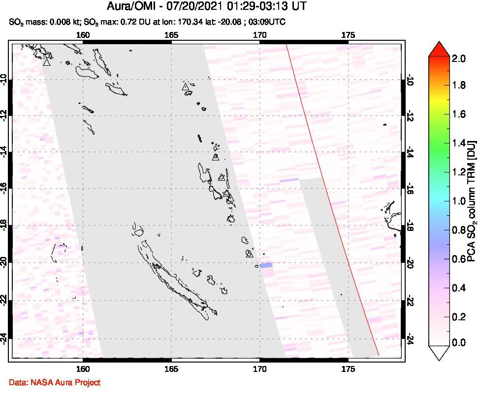 A sulfur dioxide image over Vanuatu, South Pacific on Jul 20, 2021.