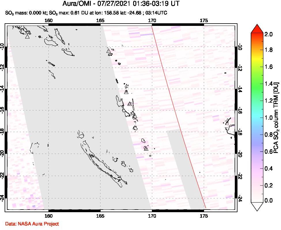 A sulfur dioxide image over Vanuatu, South Pacific on Jul 27, 2021.
