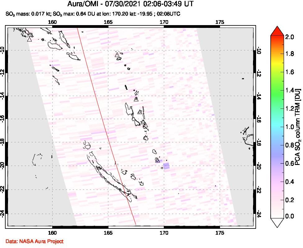 A sulfur dioxide image over Vanuatu, South Pacific on Jul 30, 2021.