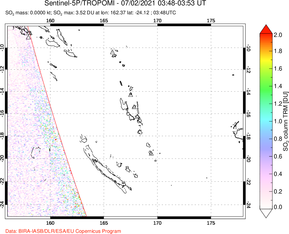 A sulfur dioxide image over Vanuatu, South Pacific on Jul 02, 2021.