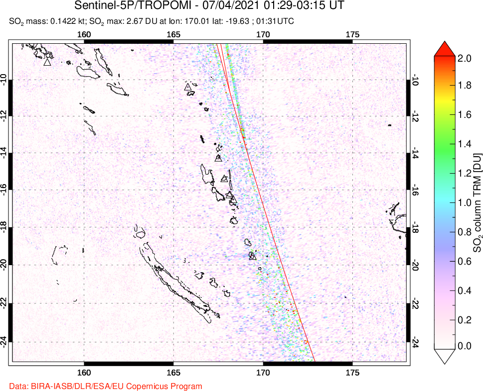 A sulfur dioxide image over Vanuatu, South Pacific on Jul 04, 2021.