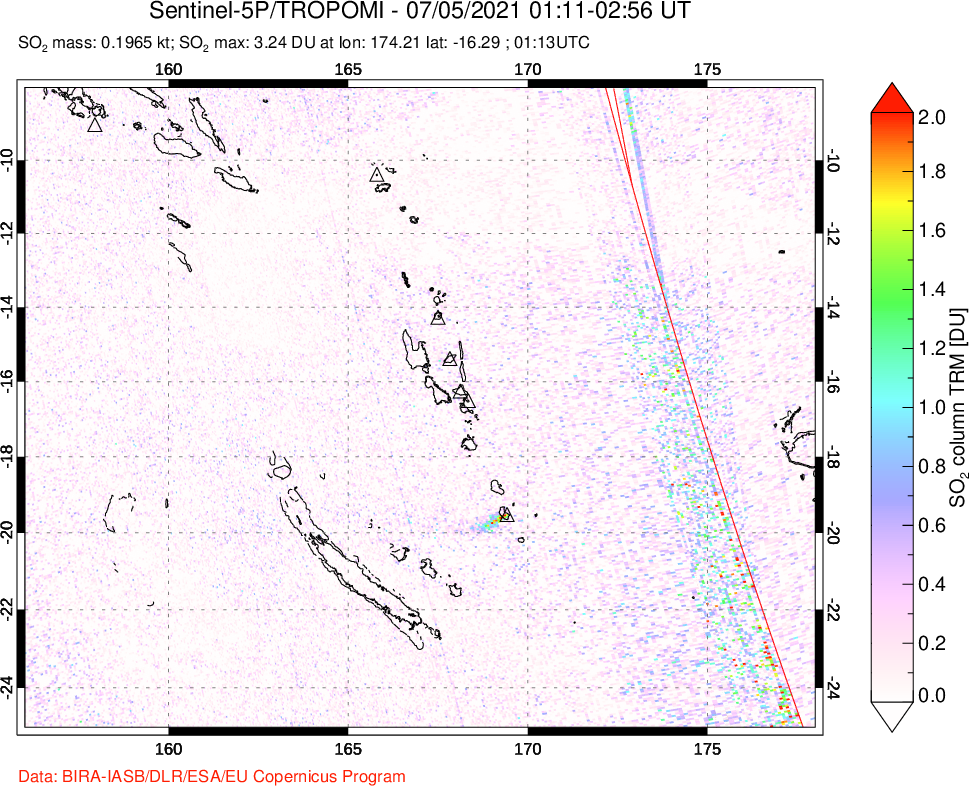 A sulfur dioxide image over Vanuatu, South Pacific on Jul 05, 2021.