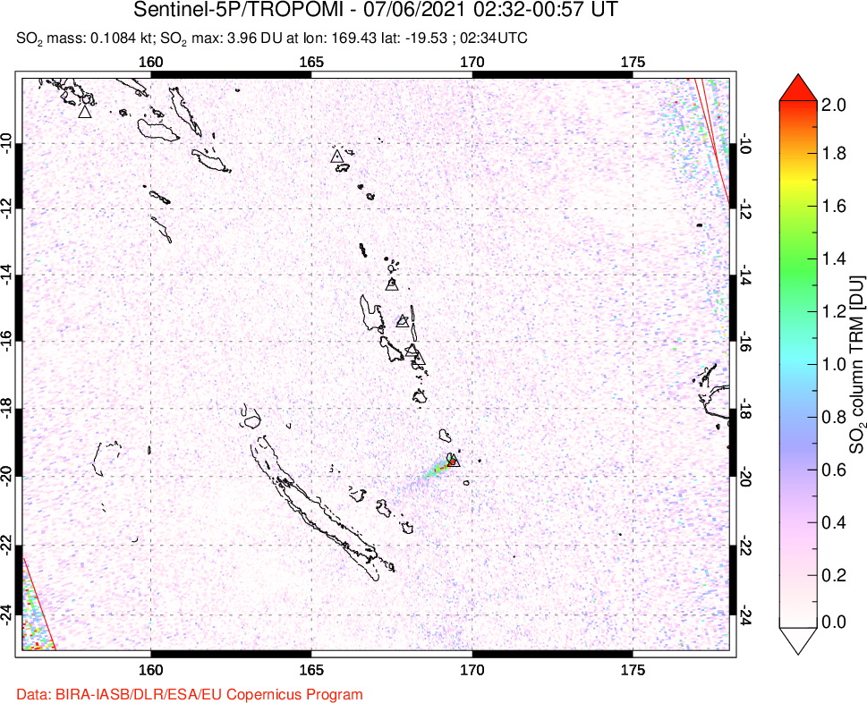 A sulfur dioxide image over Vanuatu, South Pacific on Jul 06, 2021.