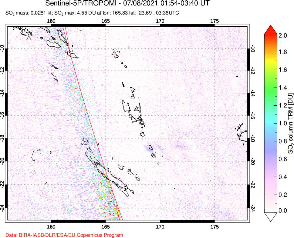 A sulfur dioxide image over Vanuatu, South Pacific on Jul 08, 2021.
