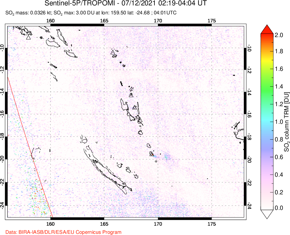 A sulfur dioxide image over Vanuatu, South Pacific on Jul 12, 2021.