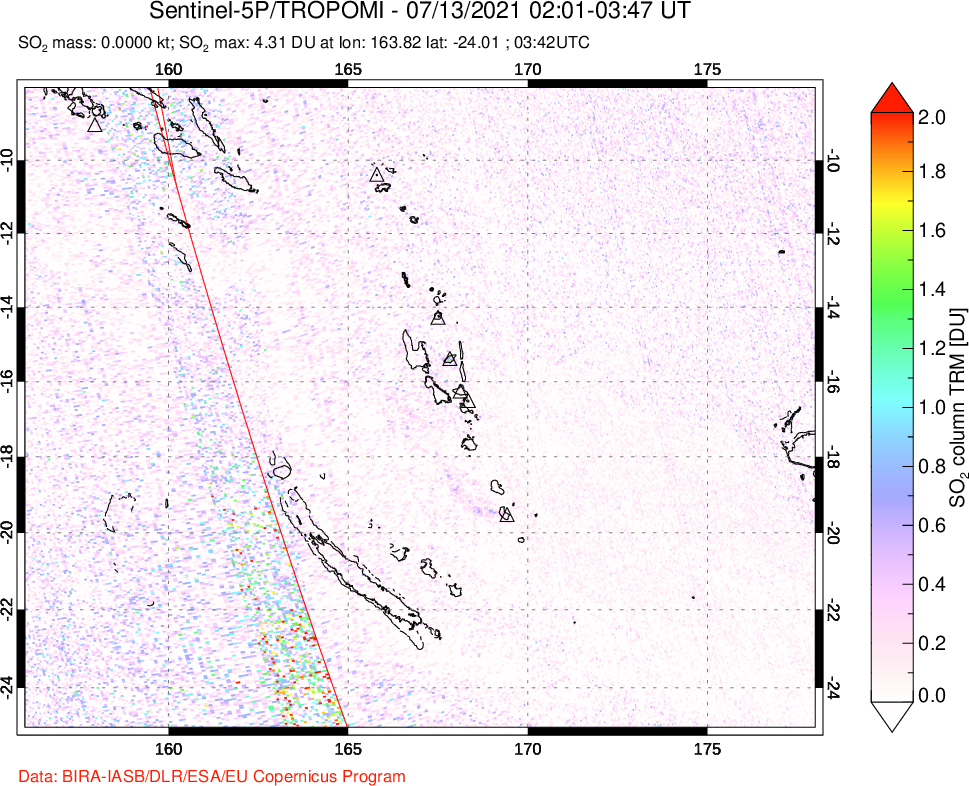 A sulfur dioxide image over Vanuatu, South Pacific on Jul 13, 2021.