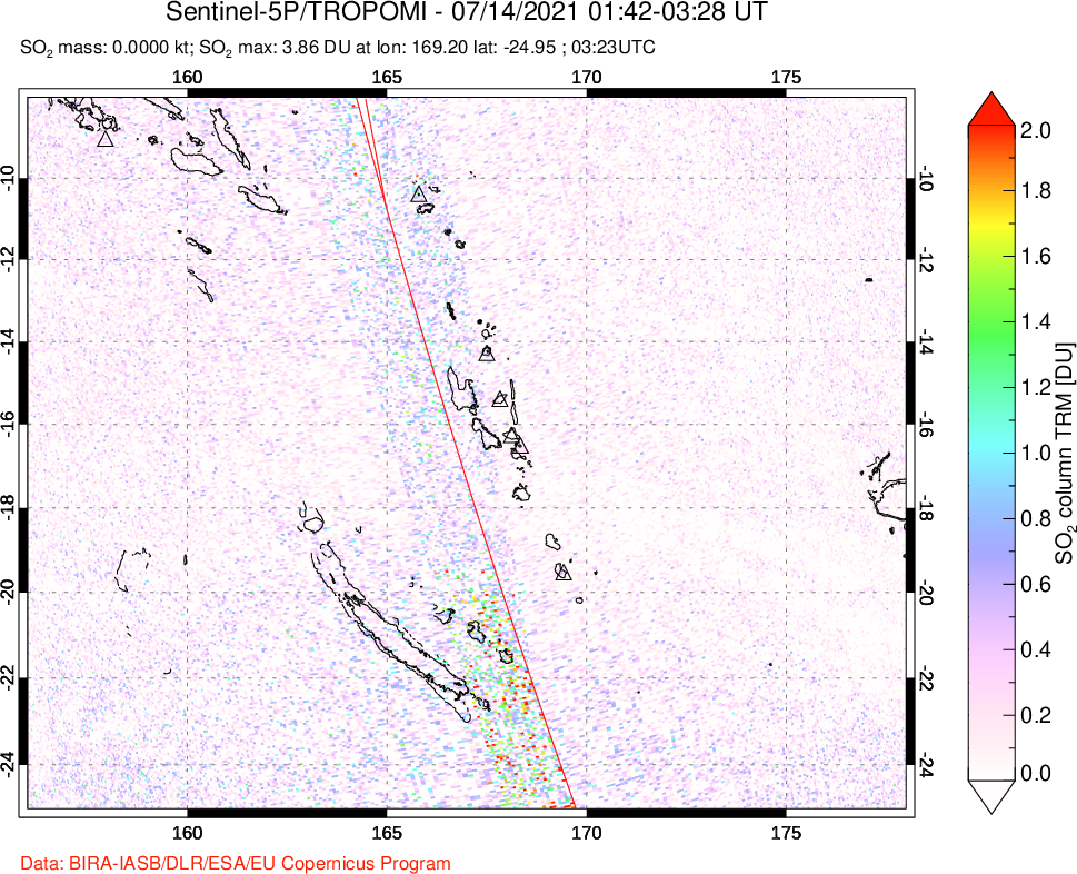 A sulfur dioxide image over Vanuatu, South Pacific on Jul 14, 2021.