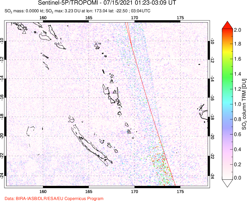 A sulfur dioxide image over Vanuatu, South Pacific on Jul 15, 2021.