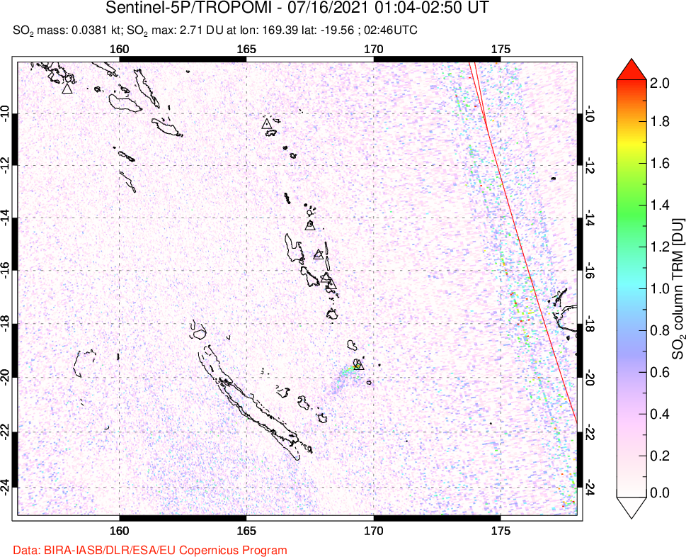 A sulfur dioxide image over Vanuatu, South Pacific on Jul 16, 2021.
