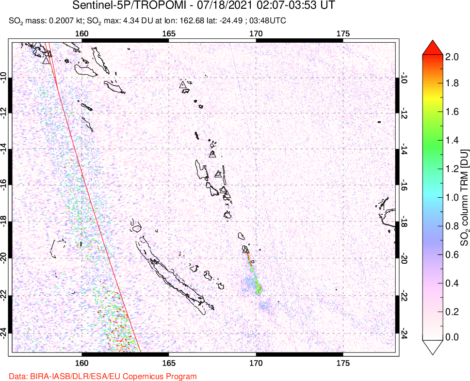 A sulfur dioxide image over Vanuatu, South Pacific on Jul 18, 2021.