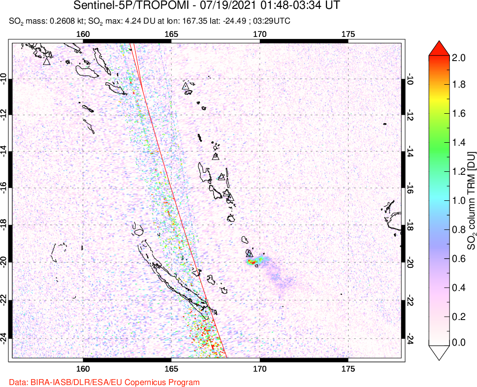 A sulfur dioxide image over Vanuatu, South Pacific on Jul 19, 2021.