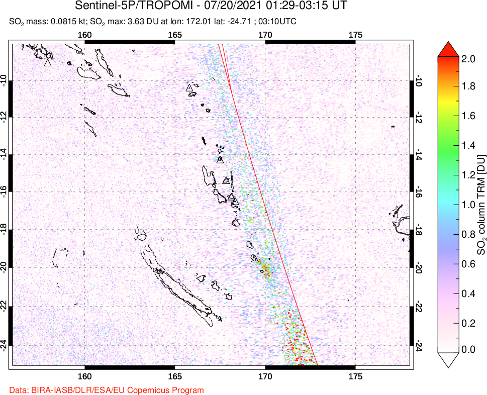 A sulfur dioxide image over Vanuatu, South Pacific on Jul 20, 2021.