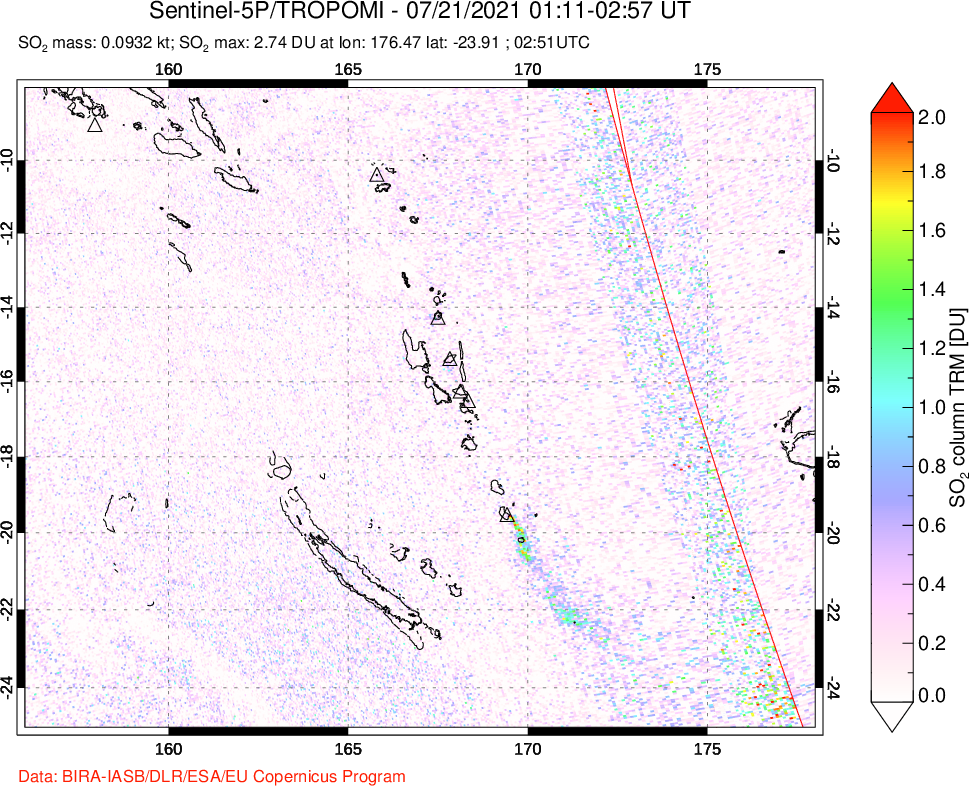 A sulfur dioxide image over Vanuatu, South Pacific on Jul 21, 2021.