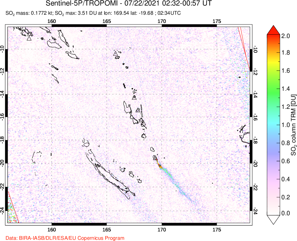 A sulfur dioxide image over Vanuatu, South Pacific on Jul 22, 2021.