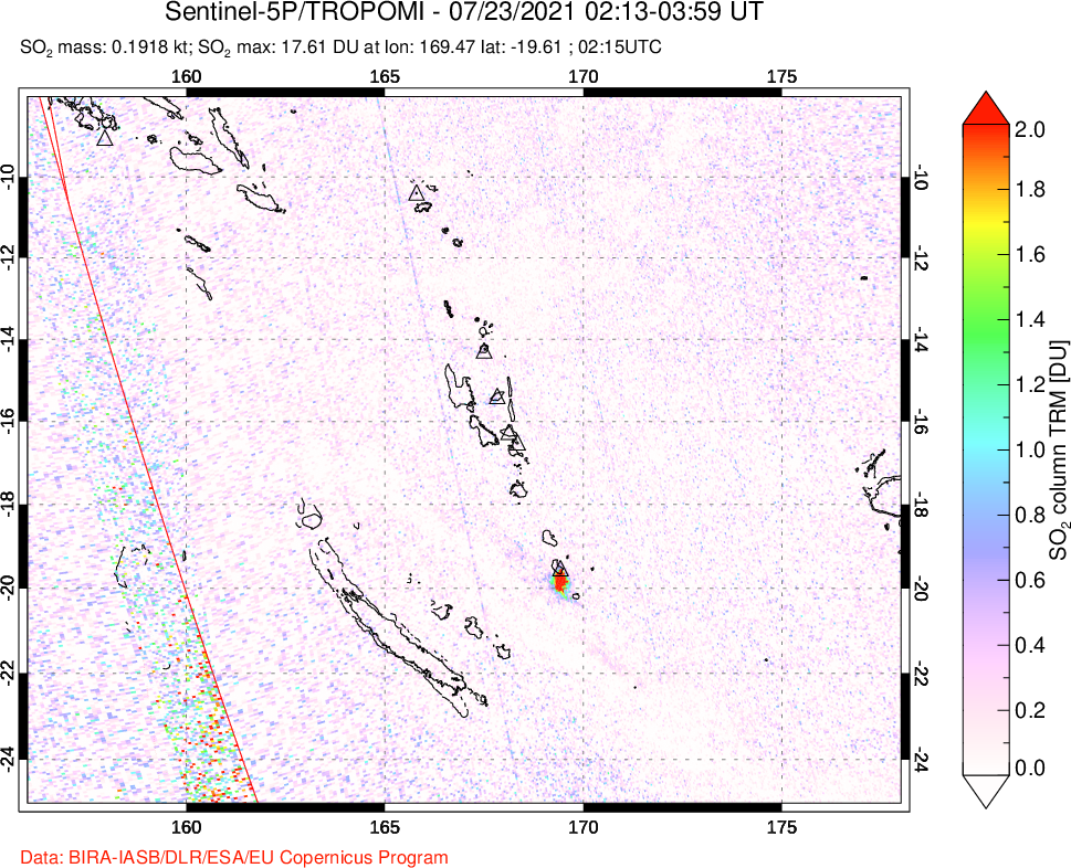 A sulfur dioxide image over Vanuatu, South Pacific on Jul 23, 2021.