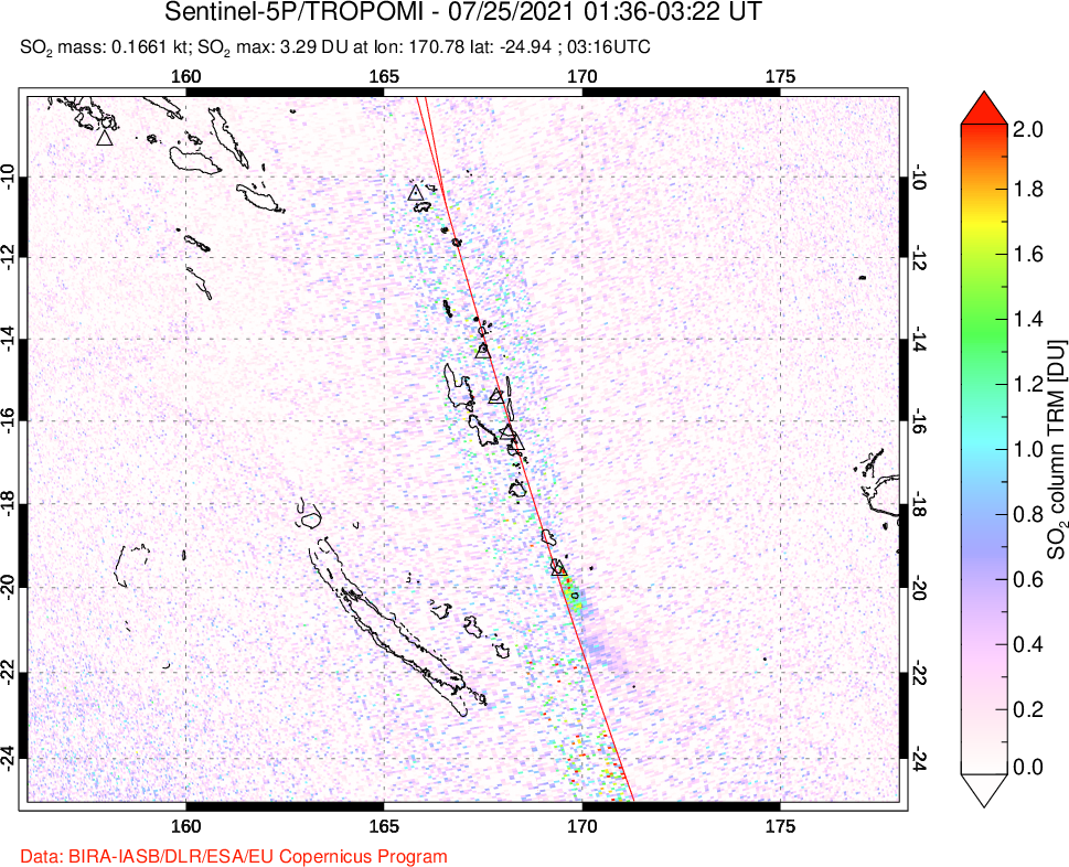 A sulfur dioxide image over Vanuatu, South Pacific on Jul 25, 2021.