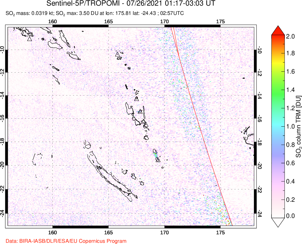 A sulfur dioxide image over Vanuatu, South Pacific on Jul 26, 2021.