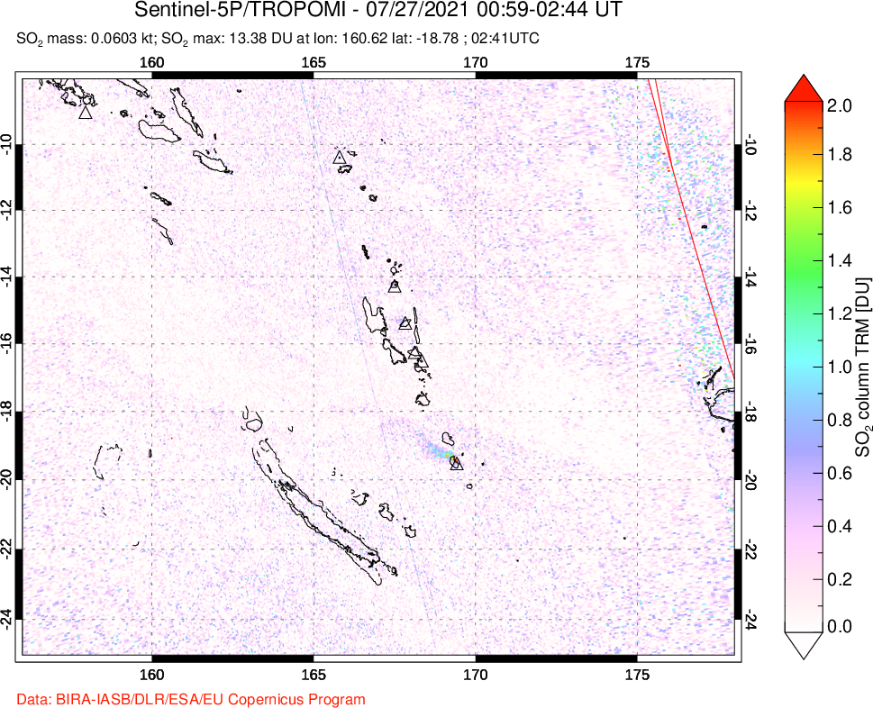 A sulfur dioxide image over Vanuatu, South Pacific on Jul 27, 2021.